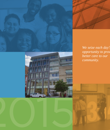 Collage with smiling people, a modern office building, geometric patterns, and text about seizing opportunities, layered in blue, orange, and green tones.