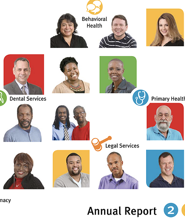 A grid of diverse people’s photos, each labeled by service areas: Behavioral Health, Dental Services, Primary Health, Legal Services, and Pharmacy. Text reads "Annual Report 2.