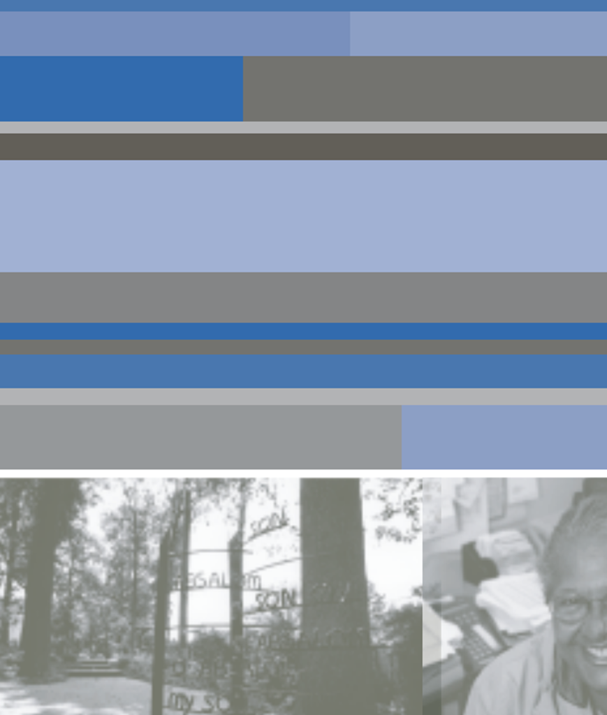 A grayscale image of trees and a partly visible elderly person in an office, overlaid with blue, gray, and white horizontal stripes.