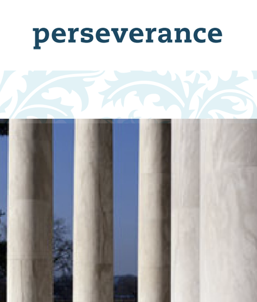The word "perseverance" above a background of tall stone columns and a faint decorative floral pattern.