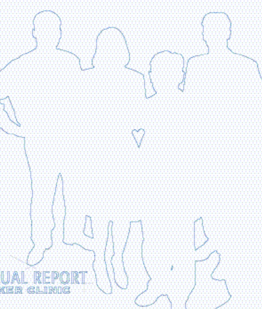 Blue outline of four standing people with a small heart shape in the center; partial text "UAL REPORT" and "CLINIC" appears in the bottom left corner.