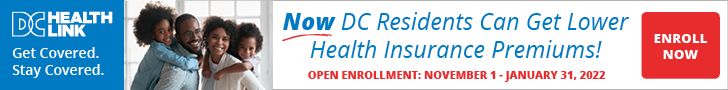 DCHealthLink.com open enrollment for insurance coverage banner image.