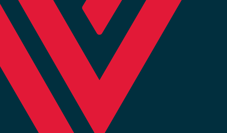 A geometric design with bold red chevron shapes forming a "V" pattern on a dark teal background.