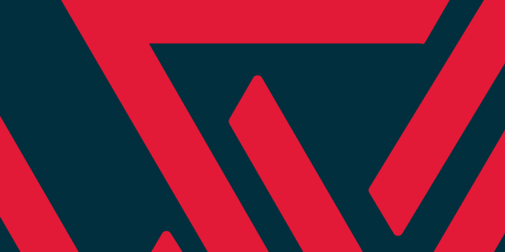 Abstract geometric pattern with bold red angular lines forming overlapping shapes on a dark teal background.