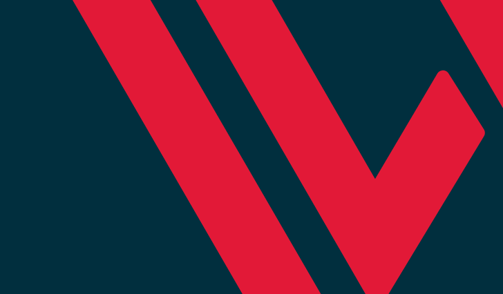 Diagonal red and dark teal lines create a geometric pattern, featuring a prominent red "V" shape on a dark teal background.
