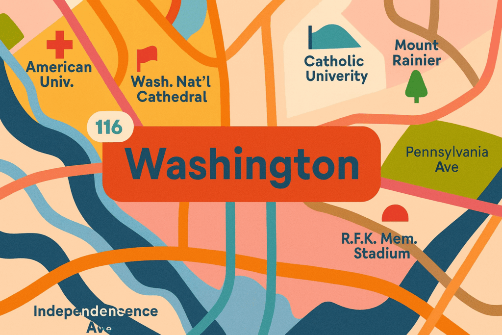 Colorful illustrated map highlighting Washington, D.C., with landmarks such as American University, RFK Memorial Stadium, and Washington National Cathedral labeled; features DC CCN collaboration with Amerigroup.