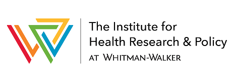 Logo for The Institute for Health Research & Policy at Whitman-Walker, featuring colorful overlapping triangle shapes on the left and text on the right, reflecting its role as a Whitman Walker HIV status neutral hub.