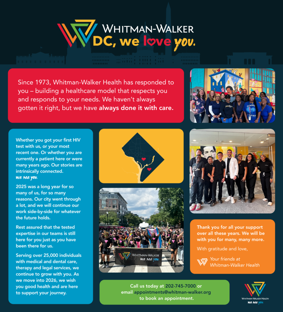 Whitman-Walker Health flyer highlights their services, history since 1973, community photos, gratitude, and contact information on a colorful background.