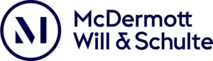 McDermott Will & Schulte logo with a stylized "M" inside a circle on the left and the company name in bold text on the right, reflecting its collaborative work with GTEM and Whitman Walker Legal Services.