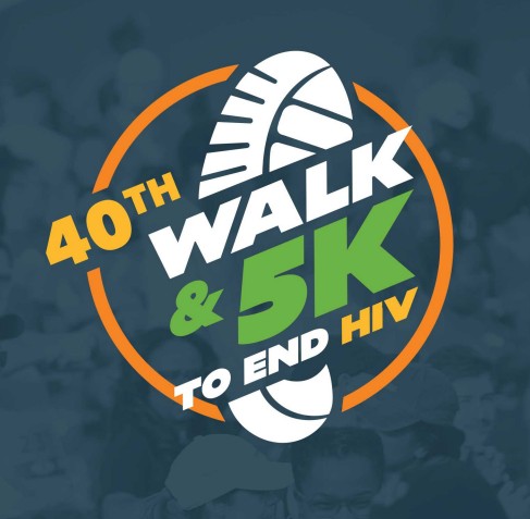 Logo for the 40th Walk & 5K to End HIV, featuring a white shoe print within an orange circle and bold green and white text—showing how Whitman Walker stand with us in the fight to end HIV.