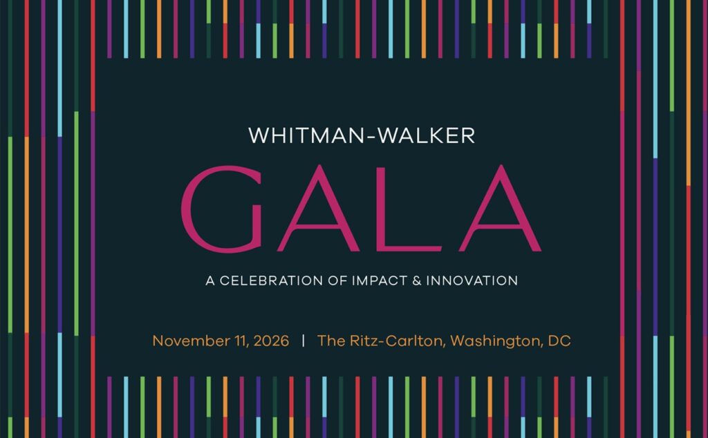 Join us for the Whitman Walker 2025 gala event, themed "A Celebration of Impact & Innovation," on November 11, 2026, at The Ritz-Carlton, Washington, DC. Enjoy a vibrant evening accented by a colorful striped border.