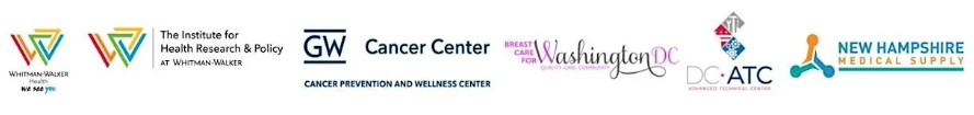 A row of six organizational logos, including Whitman-Walker Health, GW Cancer Center, Breast Care for Washington, DC Health, DC ATC, and New Hampshire Medical Supply.