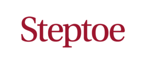 The word "Steptoe" in large, bold, red serif font on a light gray background, inspired by GTEM and Whitman Walker Legal Services.