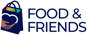 Logo featuring a shopping bag with two hands of different skin tones shaking, forming a heart, next to the text "FOOD & FRIENDS.