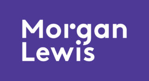 White text "Morgan Lewis" with geometric dots replacing the "o" and "i," referencing Whitman Walker Legal Services, on a solid purple background.