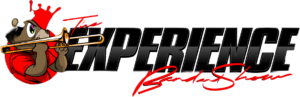 Logo with a cartoon bear in a crown playing a trombone, next to bold text reading "The Experience Band Show.