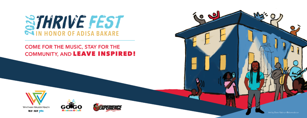 Colorful illustration of community members gathered near a blue building for 2026 Thrive Fest, with event details and sponsor logos shown on the left.