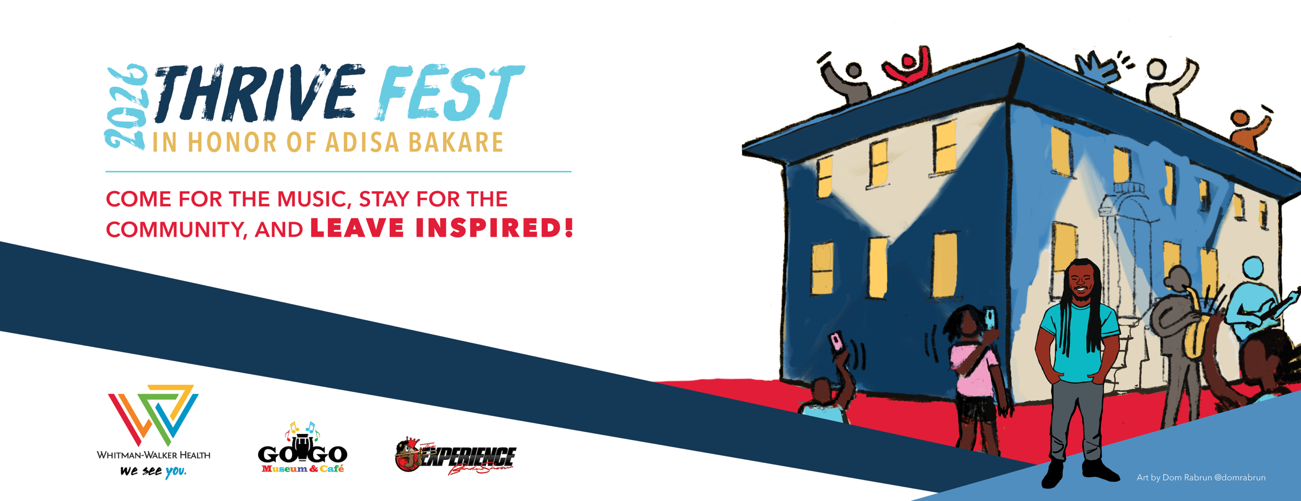 Colorful illustration of community members gathered near a blue building for 2026 Thrive Fest, with event details and sponsor logos shown on the left.