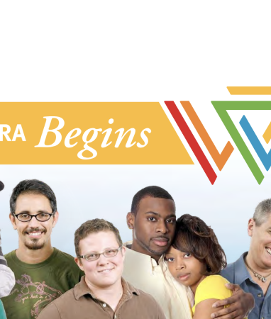 A diverse group of five people stand together in front of a yellow sign that partially reads “Begins,” with geometric shapes on the right.