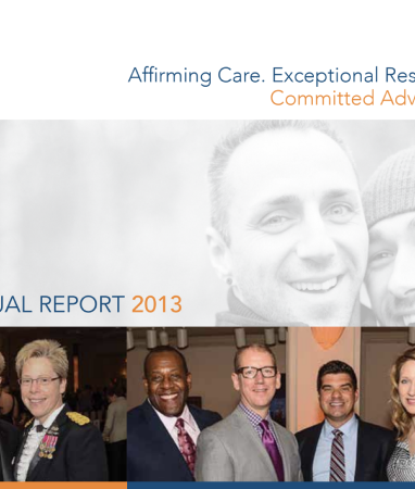 A group of five people in formal attire stand in front of a report cover labeled "ANNUAL REPORT 2013" with partial faces visible in the background.