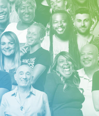 A diverse group of adults stand closely together, smiling at the camera, against a gradient green and white background.