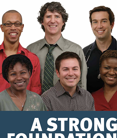 Six smiling adults of diverse backgrounds stand together against a white background; partial text at the bottom reads, “A STRONG FOUN...”.