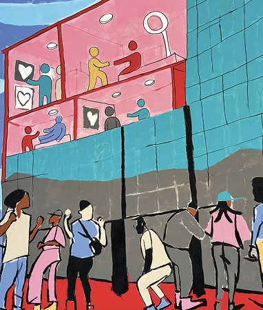 Colorful illustration of people gathered outside a tall building; inside, figures interact in pink rooms with heart symbols on the walls.