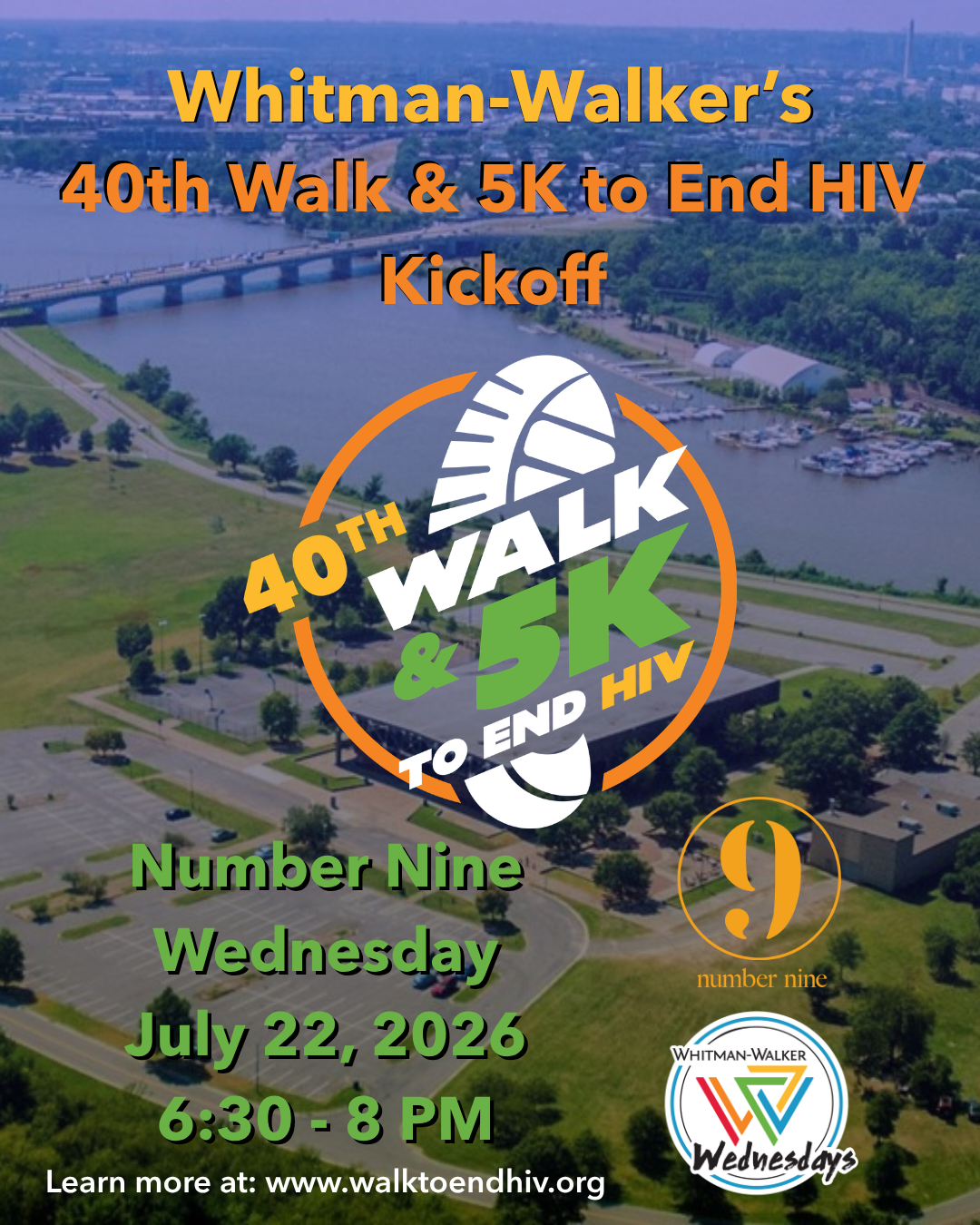 A promotional flyer for Whitman-Walker's 40th Walk & 5K to End HIV, inviting you to stand with us. Includes event details and a riverfront aerial view in the background.