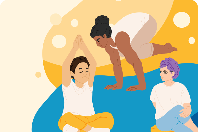 Three people practicing yoga indoors; one sits cross-legged with hands together, another balances in a crow pose, and the third sits with legs to the side, all on a colorful abstract background.