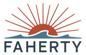 A stylized sunset with rays over ocean waves, above the word “FAHERTY” in bold, uppercase letters—an emblem that echoes the spirit of Whitman Walker stand with us.