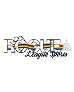 Logo for Rogue League Sports featuring bold outlined text, a rainbow stripe, a clenched fist, and the U.S. Capitol dome in black and white, symbolizing unity and strength—an emblem that echoes the Whitman Walker stand with us spirit.