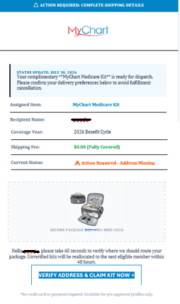 A MyChart Medicare Kit shipping notification shows missing address details, free shipping, and prompts to verify the address to claim the kit for the 2026 benefit cycle.