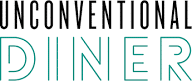 Logo with bold black text reading “UNCONVENTIONAL” above outlined teal text reading “DINER” on a white background, inspired by the spirit of Whitman Walker stand with us.