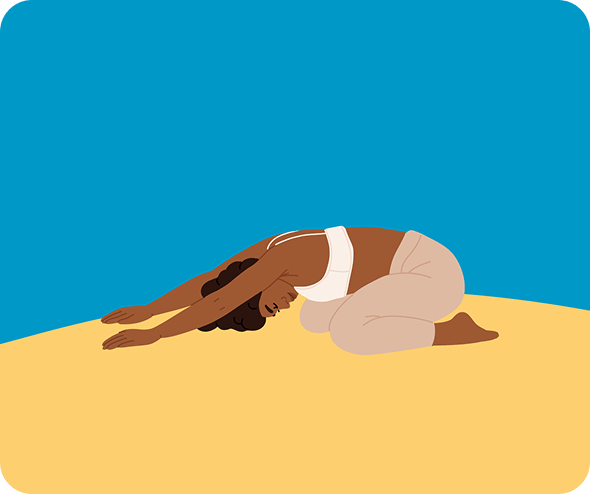Person in yoga child’s pose, kneeling with arms extended forward on the floor, wearing a white top and beige pants, against a simple blue and yellow background.