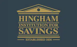 Logo for Hingham Institution for Savings, featuring a classic pediment icon and the text “Established 1834,” displayed as a sponsor for the Whitman Walker 2026 gala event.