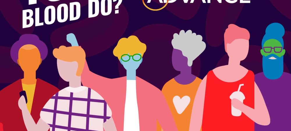 Illustration of diverse people with the text, "What can your blood do? Groundbreaking Study. Join the ADVANCE Study today. ADVANCEstudy.org," with sponsor logos at the bottom.