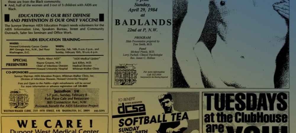A collage of 1980s HIV ads and posters about AIDS awareness, safe sex seminars, medical care, and community events, aimed at raising public health awareness and support.