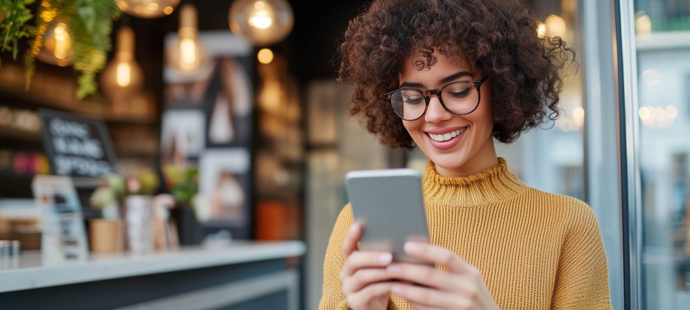 Woman wearing a yellow sweater and glasses smiles while using her smartphone in a modern cafe with warm lighting.