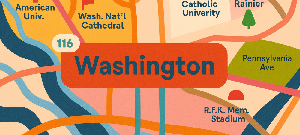 Colorful illustrated map highlighting Washington, D.C., with landmarks such as American University, RFK Memorial Stadium, and Washington National Cathedral labeled; features DC CCN collaboration with Amerigroup.