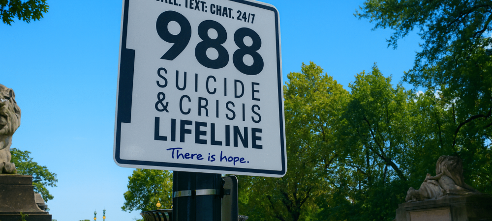 A sign on a lamp post displays the 988 Suicide & Crisis Lifeline number, offering 24/7 help, as mental health counselors express concern over the end of the LGBTQ+ suicide hotline; trees and a bridge appear in the background.