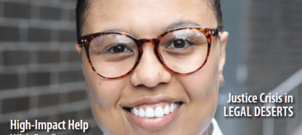 A person wearing tortoiseshell glasses and a collared shirt smiles at the camera. Text on the image references legal topics including pro bono mentorship and conservatorship reform.
