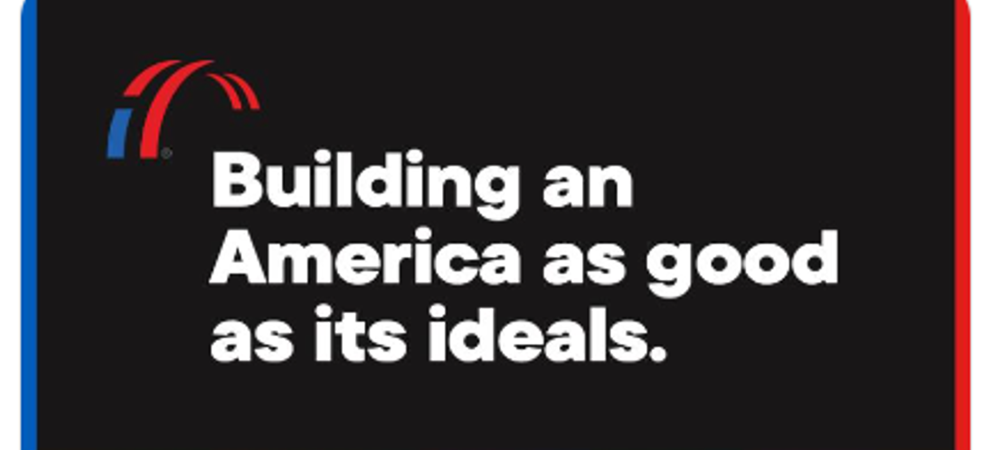 White text on a black background reads, "Building an America as good as its ideals," highlighting lgbtq inclusion, next to a red and blue abstract logo in the top left corner.