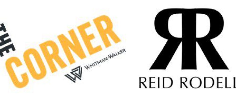 Logos for The Corner Whitman-Walker (with text in black and gold) and Reid Rodell (featuring a stylized double R) appear side by side on a white background.