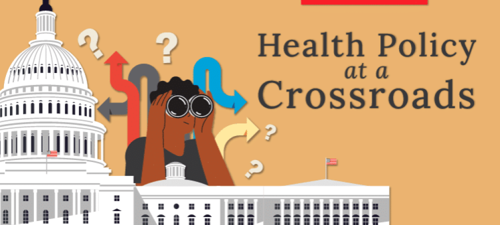 Illustration of the U.S. Capitol with a person looking through binoculars and arrows with question marks, highlighting "Health Policy at a Crossroads," the "Health Affairs" logo, and references to Trump executive orders on trans health.