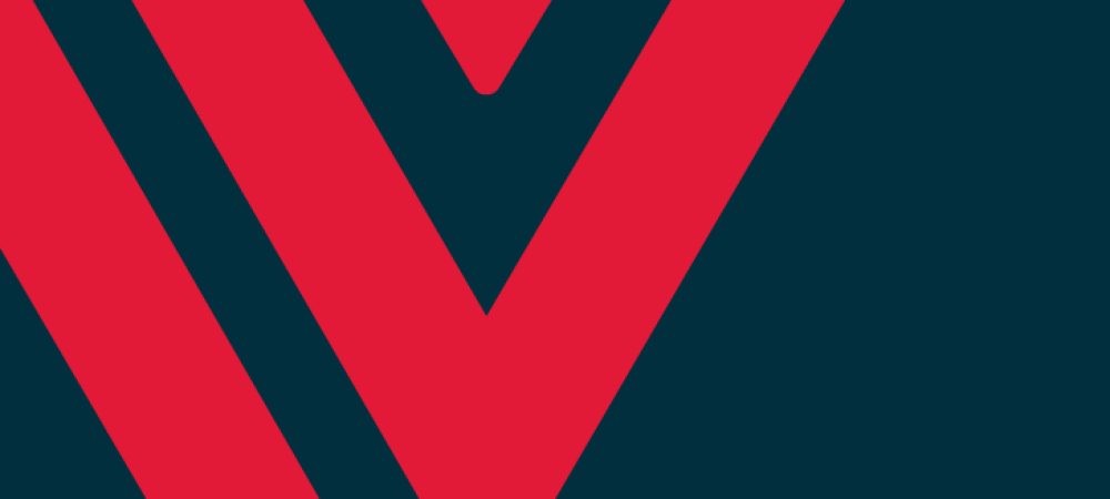 A geometric design with bold red chevron shapes forming a "V" pattern on a dark teal background.