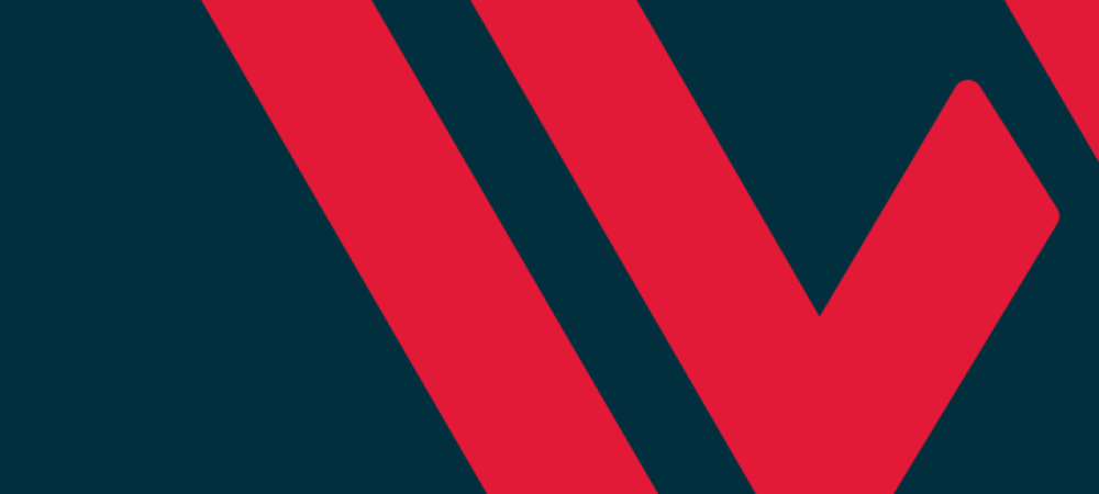 Diagonal red and dark teal lines create a geometric pattern, featuring a prominent red "V" shape on a dark teal background.