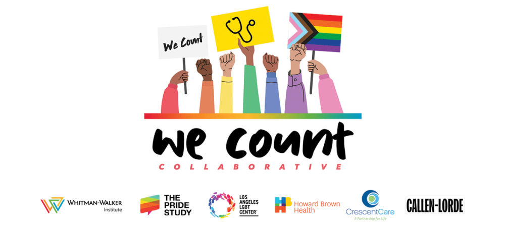 Illustration of diverse raised fists holding signs, including "We Count," a healthcare symbol, and a rainbow flag. "We Count Collaborative" is written below, with various organization logos underneath.