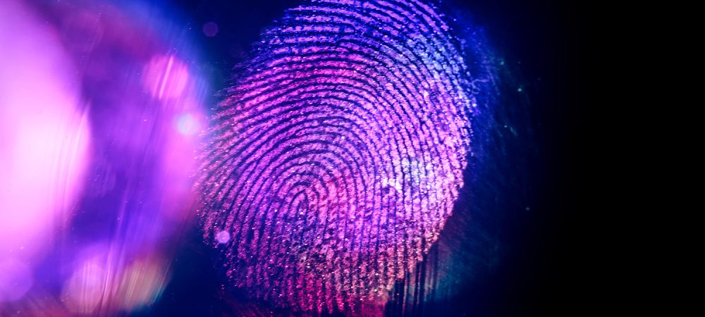 A close-up of a fingerprint illuminated with purple and pink light on a dark background, highlighting the unique patterns that symbolize identity genetics—a theme explored by the Whitman Walker podcast.