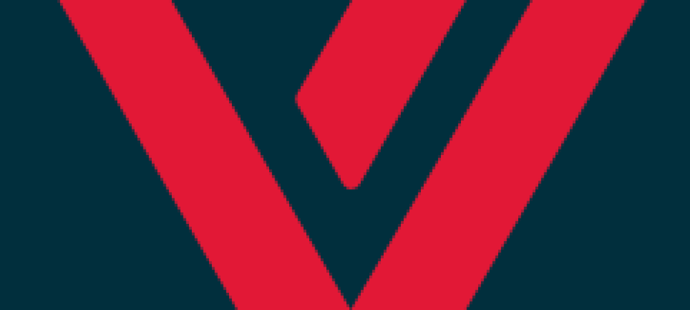 A stylized red "V" shape with thick lines on a dark teal background.