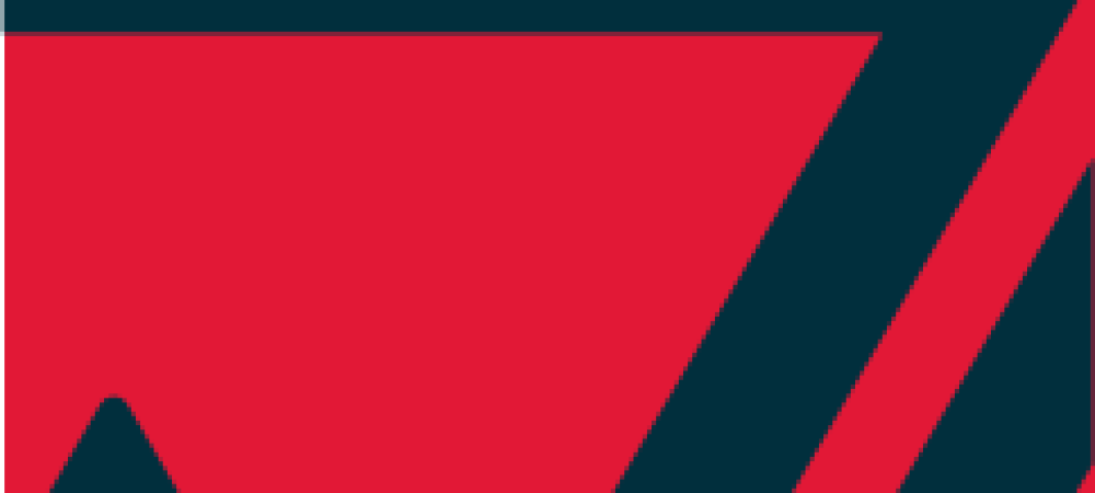 A geometric design with a large red shape and dark blue lines creating angled patterns on the right and bottom edges.